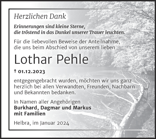 Traueranzeige von Lothar Pehle von Trauerkombi Mansfelder Land