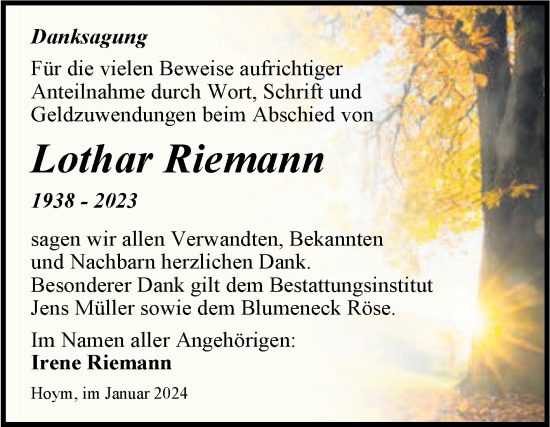 Traueranzeige von Lothar Riemann von Trauerkombi Aschersleben