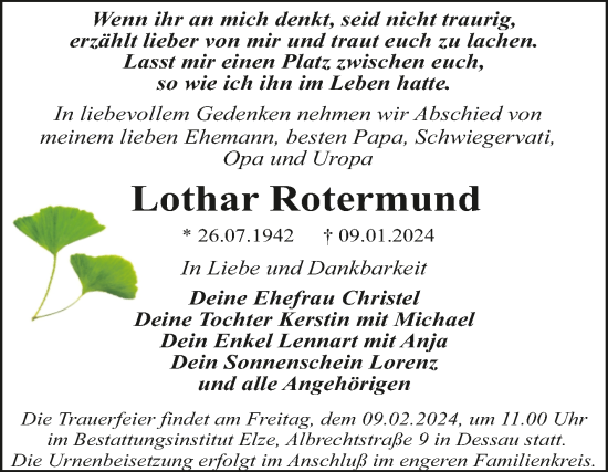 Traueranzeige von Lothar Rotermund von Trauerkombi Dessau