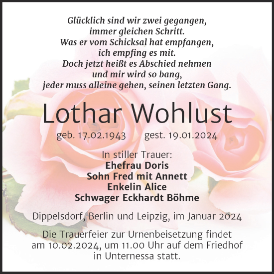 Traueranzeige von Lothar Wohlust von Trauerkombi Weißenfels