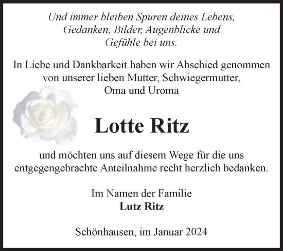 Traueranzeige von Lotte Ritz von Volksstimme Altmark Ost