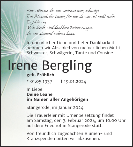 Traueranzeige von lrene Bergling von Trauerkombi Mansfelder Land