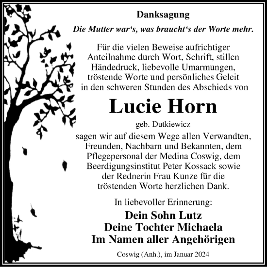 Traueranzeige von Lucie Horn von Trauerkombi Wittenberg