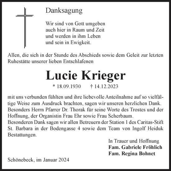 Traueranzeige von Lucie Krieger von Volksstimme Schönebeck