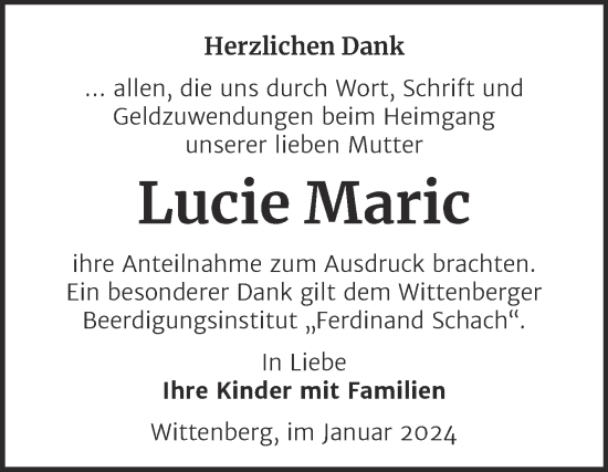 Traueranzeige von Lucie Maric von Trauerkombi Wittenberg
