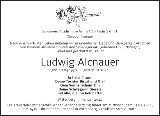Traueranzeige von Ludwig Alcnauer von Trauerkombi Wittenberg