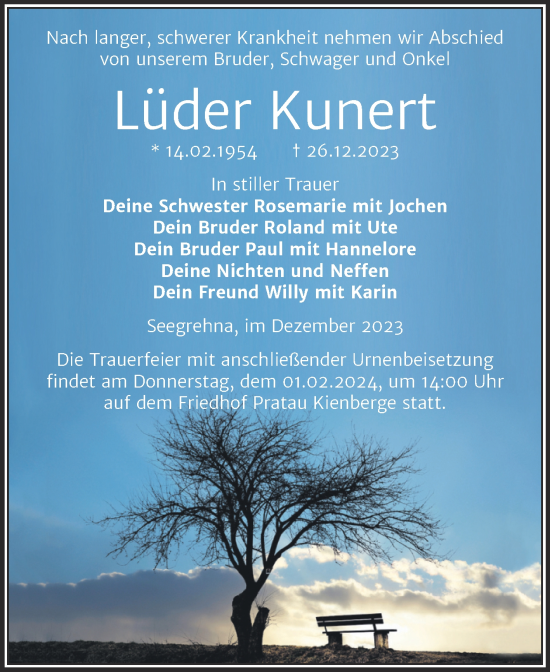 Traueranzeige von Lüder Kunert von Trauerkombi Wittenberg