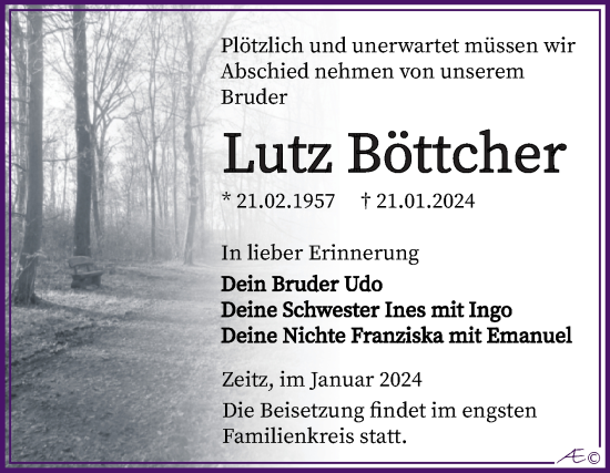 Traueranzeige von Lutz Böttcher von Trauerkombi Zeitz