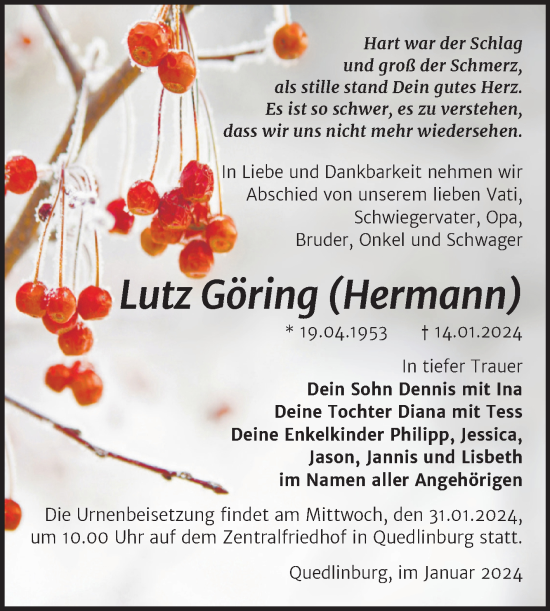 Traueranzeige von Lutz Göring von Trauerkombi Quedlinburg