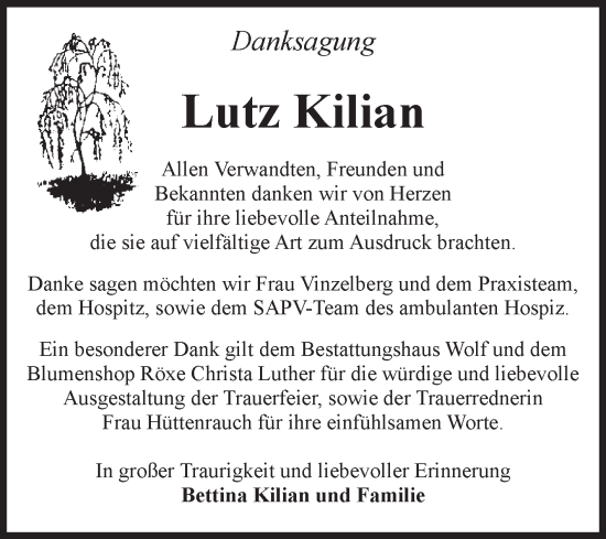 Traueranzeige von Lutz Kilian von Volksstimme Altmark Ost