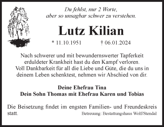 Traueranzeige von Lutz Kilian von Volksstimme Altmark Ost