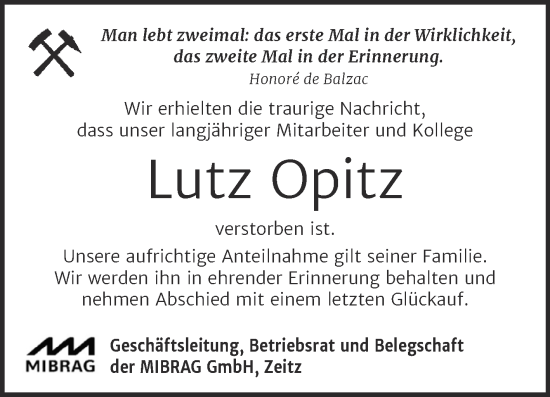 Traueranzeige von Lutz Opitz von Wochenspiegel Weißenfels