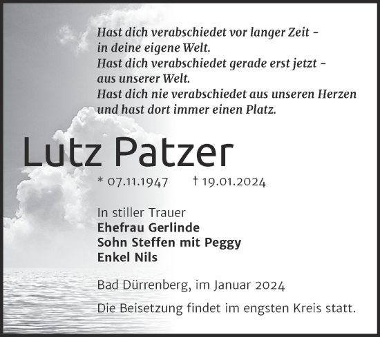 Traueranzeige von Lutz Patzer von Mitteldeutsche Zeitung Merseburg/Querfurt