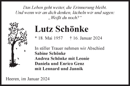 Traueranzeige von Lutz Schönke von Volksstimme Altmark Ost