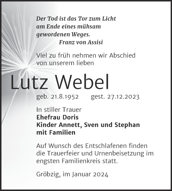 Traueranzeige von Lutz Webel von Trauerkombi Köthen
