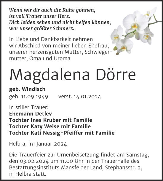 Traueranzeige von Magdalena Dörre von Trauerkombi Mansfelder Land
