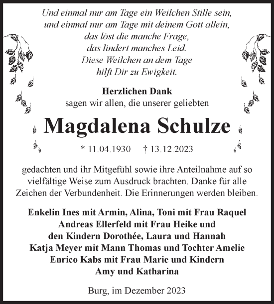 Traueranzeige von Magdalena Schulze von Volksstimme Altmark Ost