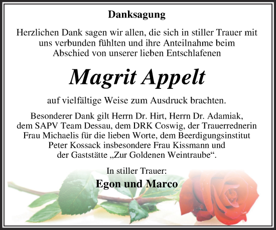 Traueranzeige von Magrit Appelt von Trauerkombi Wittenberg