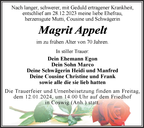 Traueranzeige von Magrit Appelt von Trauerkombi Wittenberg