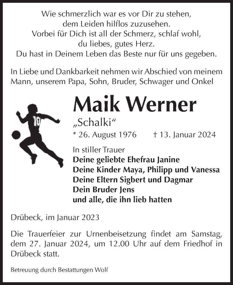  Traueranzeige für Maik Werner vom 20.01.2024 aus Volksstimme Wernigerode