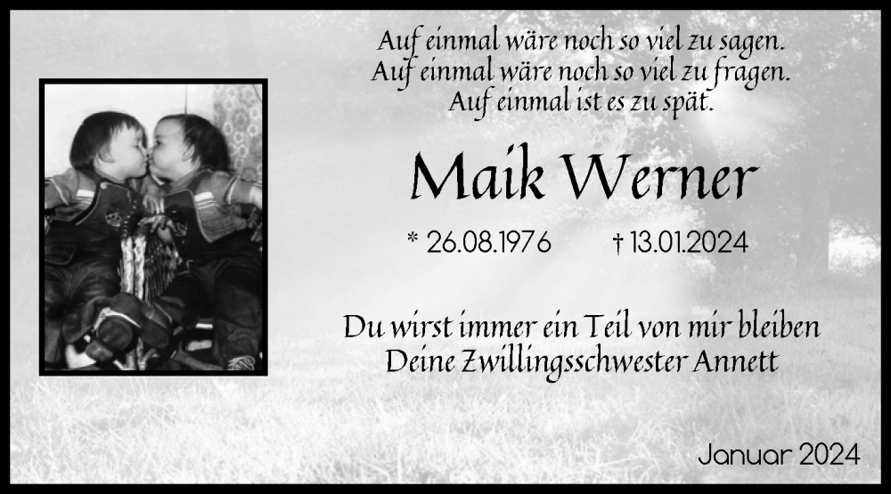 Traueranzeige für Maik Werner vom 27.01.2024 aus Volksstimme Wernigerode