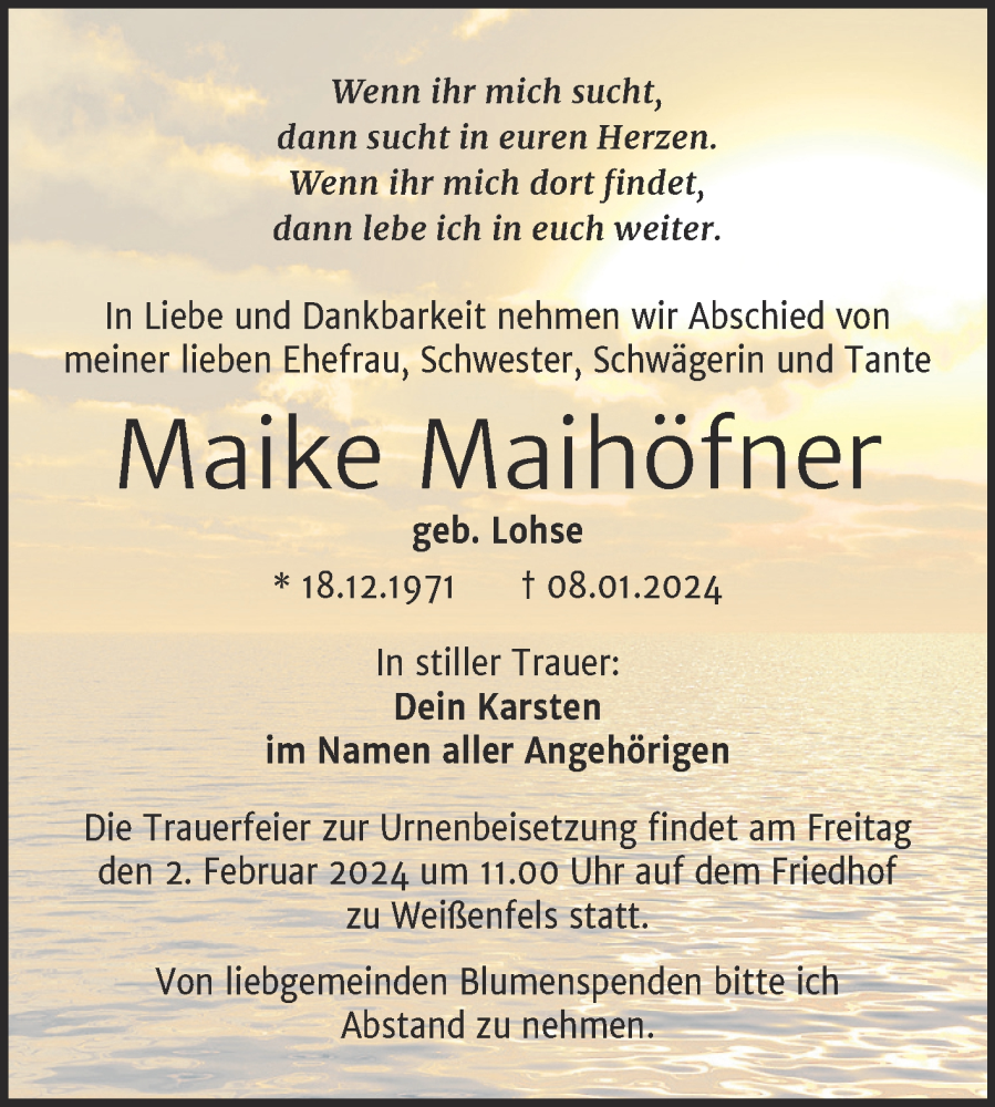  Traueranzeige für Maike Maihöfner vom 17.01.2024 aus Trauerkombi Weißenfels