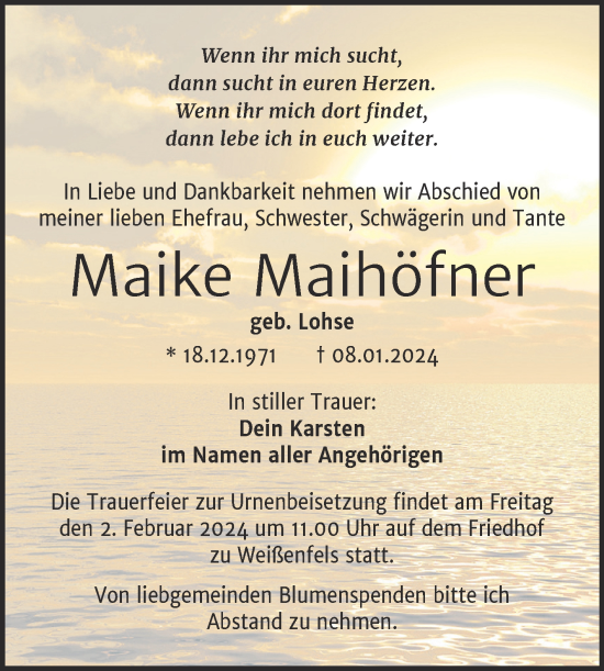 Traueranzeige von Maike Maihöfner von Trauerkombi Weißenfels