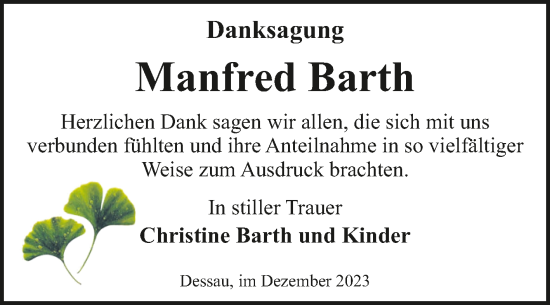 Traueranzeige von Manfred Barth von Trauerkombi Dessau