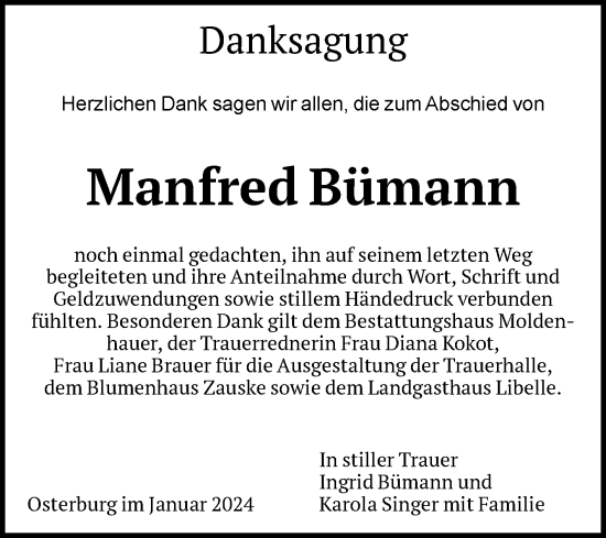 Traueranzeige von Manfred Bümann von Volksstimme Altmark Ost