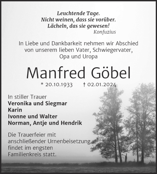 Traueranzeige von Manfred Göbel von Trauerkombi Mansfelder Land
