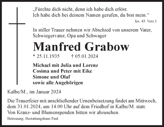 Traueranzeige von Manfred Grabow von Volksstimme Altmark West