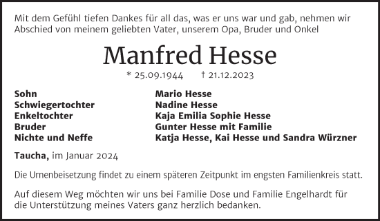 Traueranzeige von Manfred Hesse von Trauerkombi Weißenfels