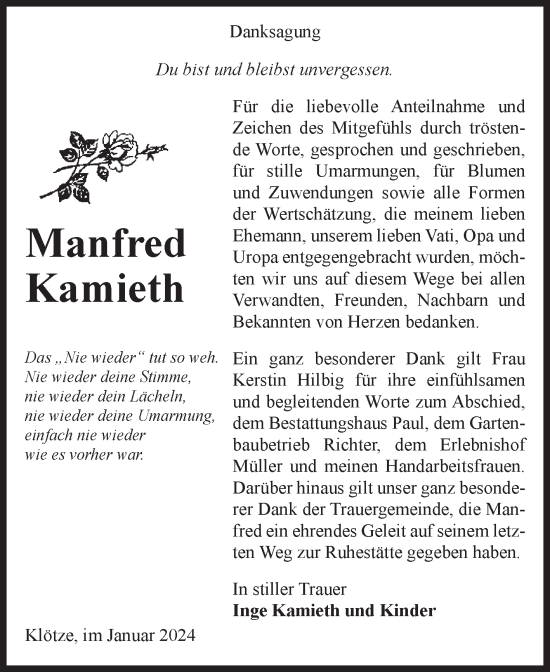 Traueranzeige von Manfred Kamieth von Volksstimme Altmark West