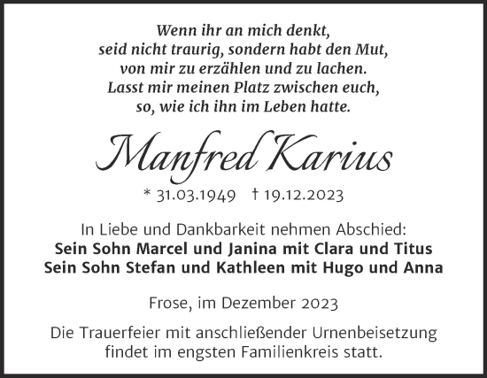 Traueranzeige von Manfred Karius von Trauerkombi Aschersleben