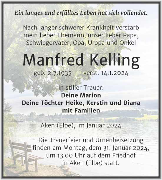 Traueranzeige von Manfred Kelling von Trauerkombi Köthen