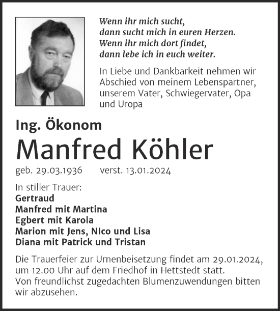 Traueranzeige von Manfred Köhler von Trauerkombi Mansfelder Land