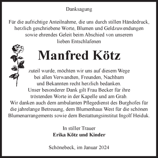 Traueranzeige von Manfred Kötz von Volksstimme Schönebeck