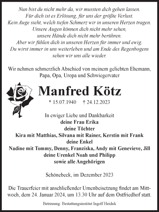 Traueranzeige von Manfred Kötz von Volksstimme Schönebeck