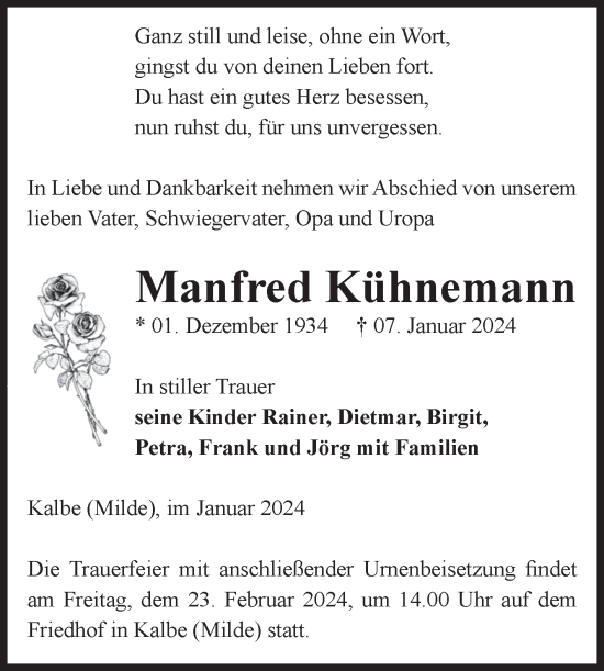 Traueranzeige von Manfred Kühnemann von Volksstimme Altmark West