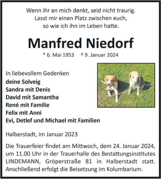Traueranzeige von Manfred Niedorf von Volksstimme Halberstadt