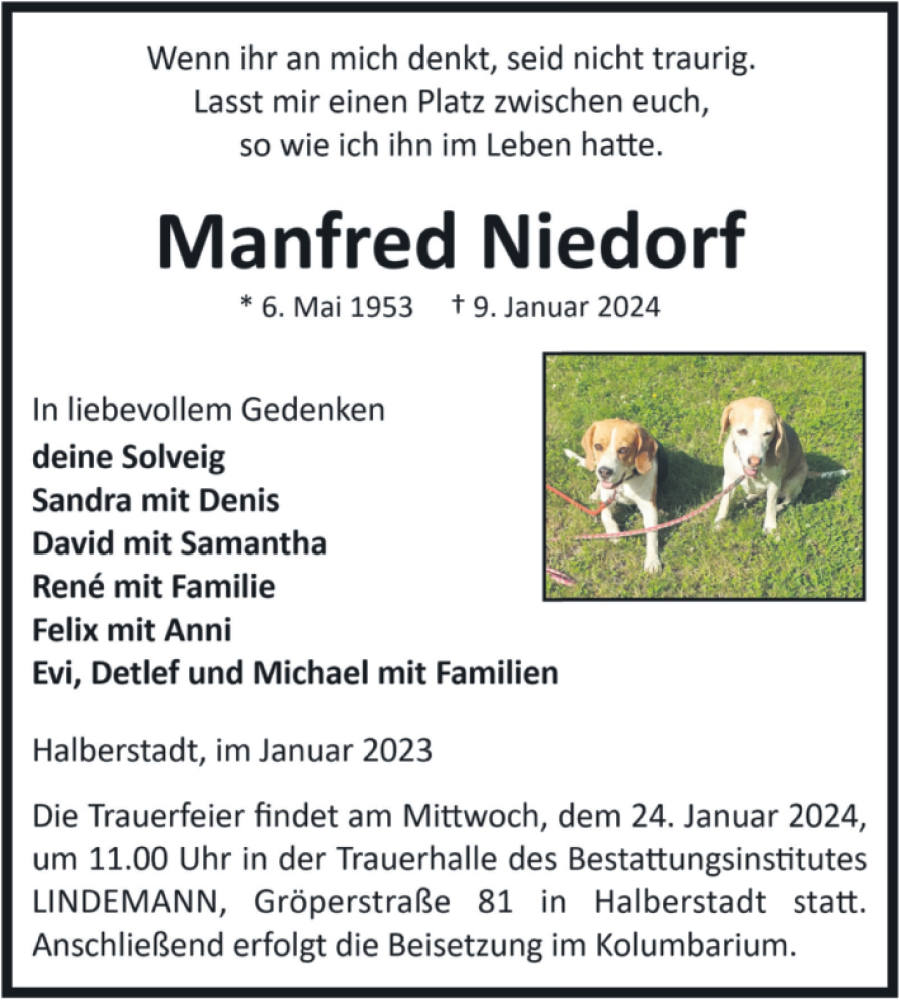  Traueranzeige für Manfred Niedorf vom 20.01.2024 aus Volksstimme Halberstadt