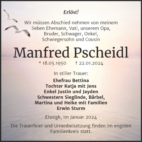 Traueranzeige von Manfred Pscheidl von Trauerkombi Köthen