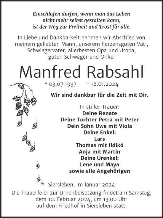 Traueranzeige von Manfred Rabsahl von Trauerkombi Mansfelder Land