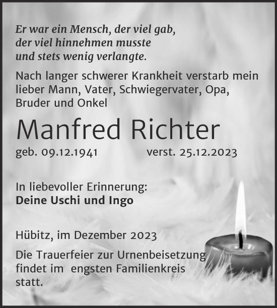 Traueranzeige von Manfred Richter von Trauerkombi Mansfelder Land