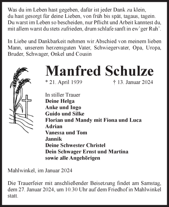 Traueranzeige von Manfred Schulze von Volksstimme Altmark Ost