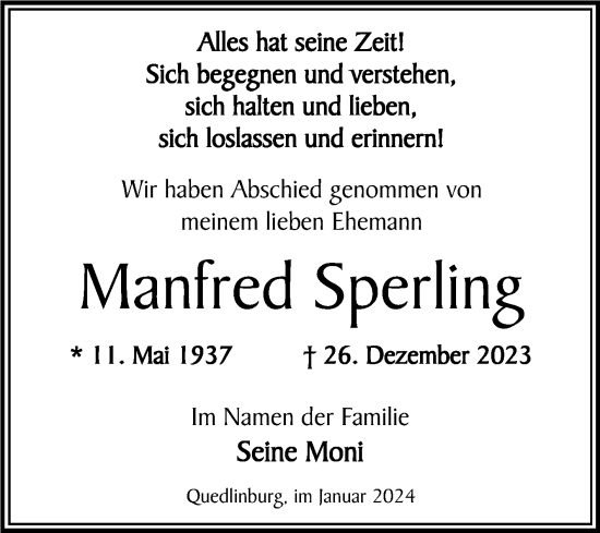 Traueranzeige von Manfred Sperling von Trauerkombi Quedlinburg