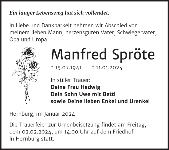 Traueranzeige von Manfred Spröte von Trauerkombi Mansfelder Land