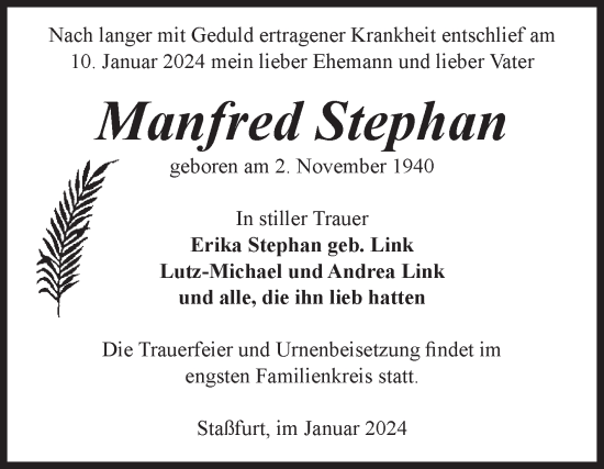 Traueranzeige von Manfred Stephan von Volksstimme Staßfurt