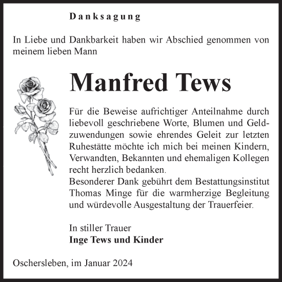 Traueranzeige von Manfred Tews von Volksstimme Oschersleben/Wanzleben
