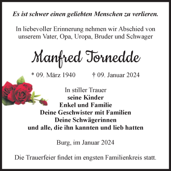 Traueranzeige von Manfred Tornedde von Volksstimme Burg/Genthin